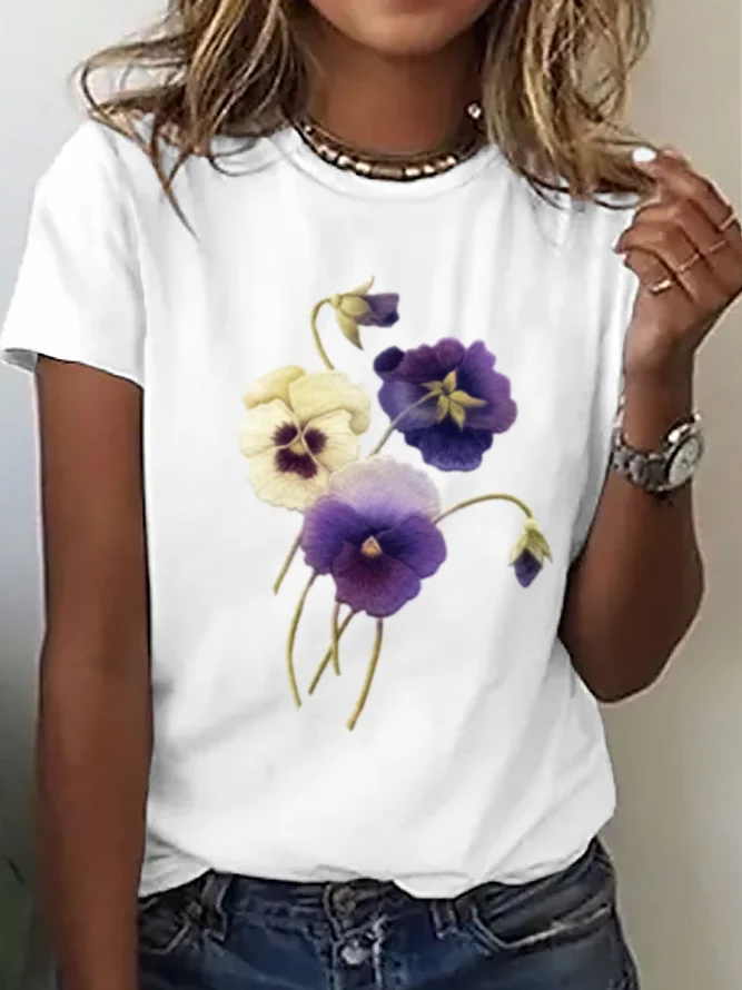 Women's Short Sleeve Tee/T-shirt Summer Floral Crew Neck Daily Going Out Casual Top Black