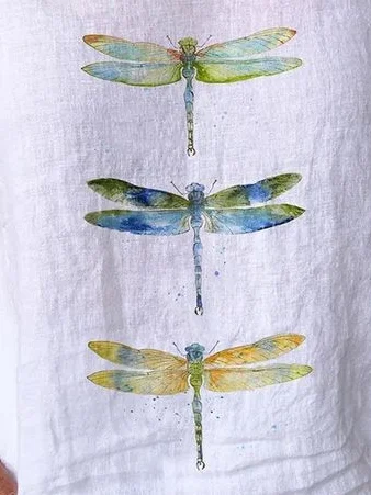 Women's Short Sleeve Blouse Summer Dragonfly Cotton V Neck Daily Going Out Casual Top White