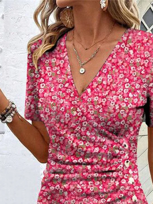 Women's Short Sleeve Tee T-shirt Summer Floral Buckle V Neck Casual Top