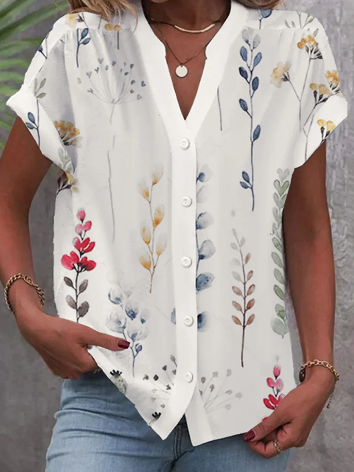 Women's Short Sleeve Shirt Summer Floral Cotton V Neck Daily Going Out Casual Top