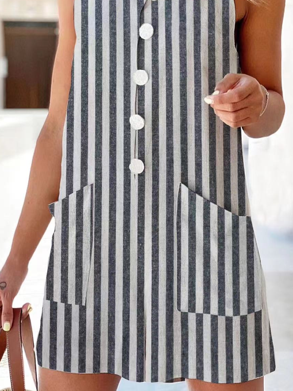 Women's Striped Square Neck Sleeveless Casual Summer Cotton Bib Pants