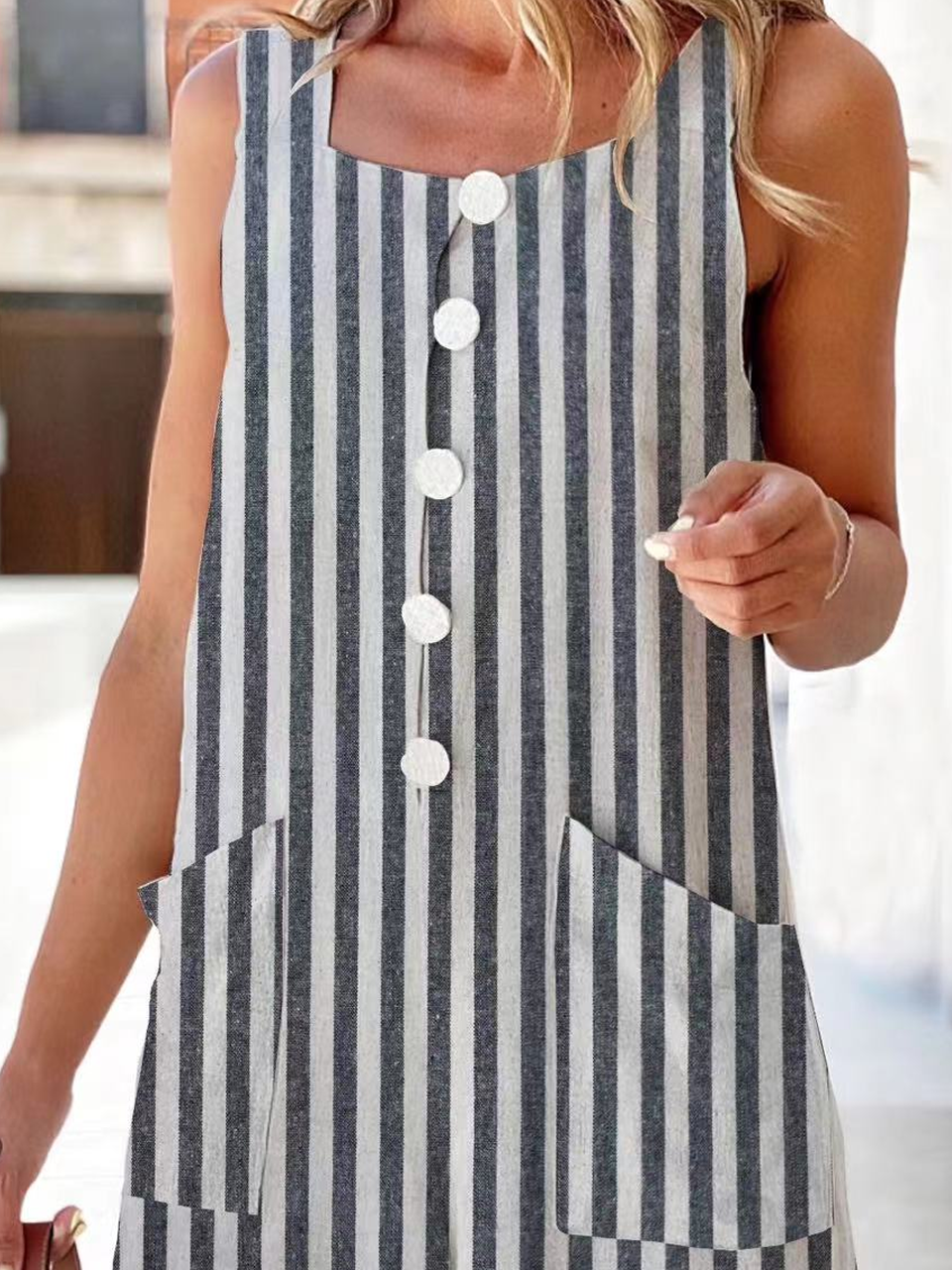 Women's Striped Square Neck Sleeveless Casual Summer Cotton Bib Pants