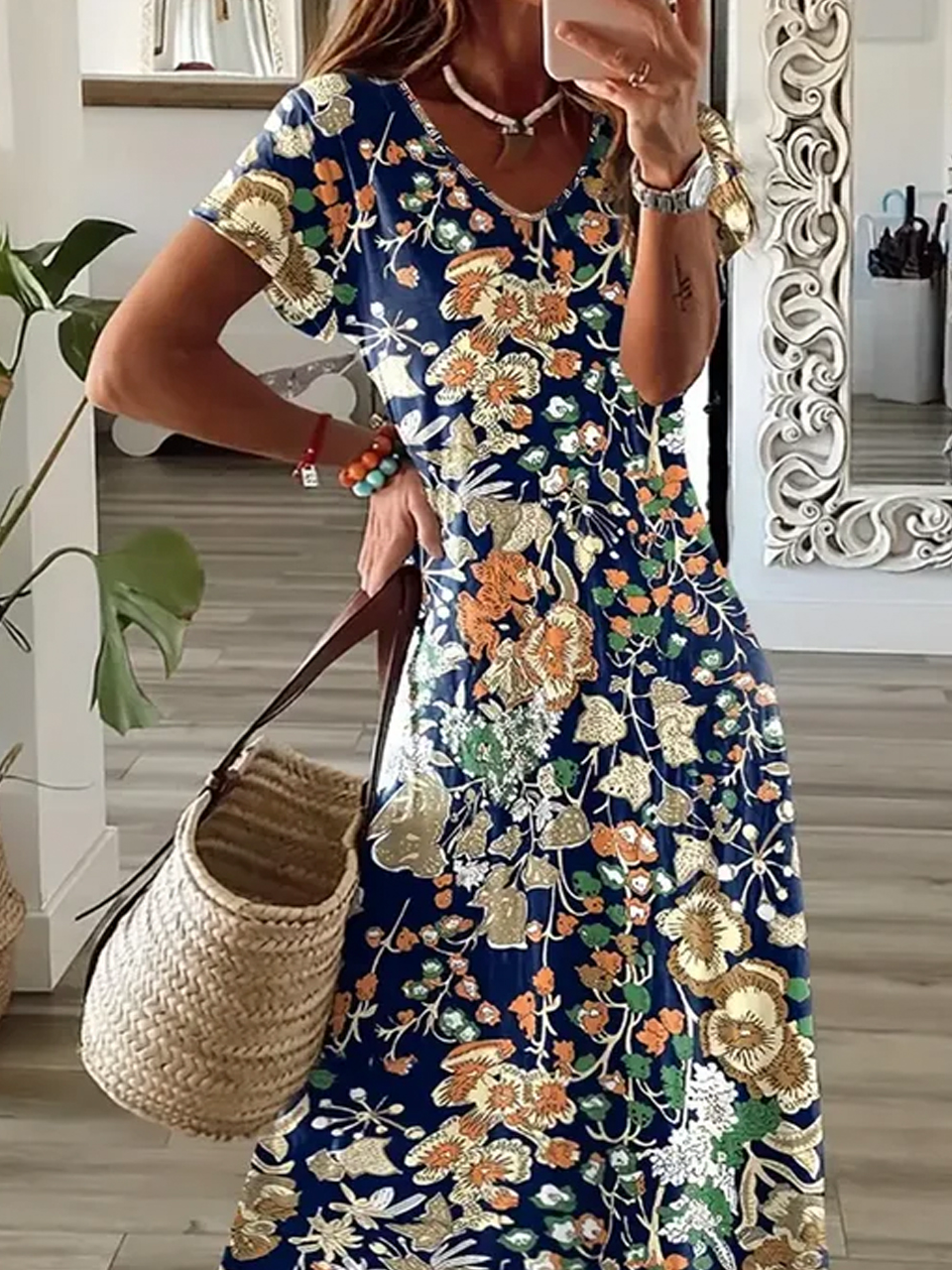 Plus size Loose V Neck Casual Floral Dress