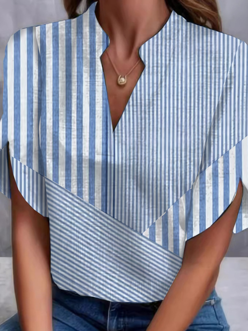 Women's Half Sleeve Blouse Summer Striped Split Joint V Neck Daily Going Out Casual Top Blue