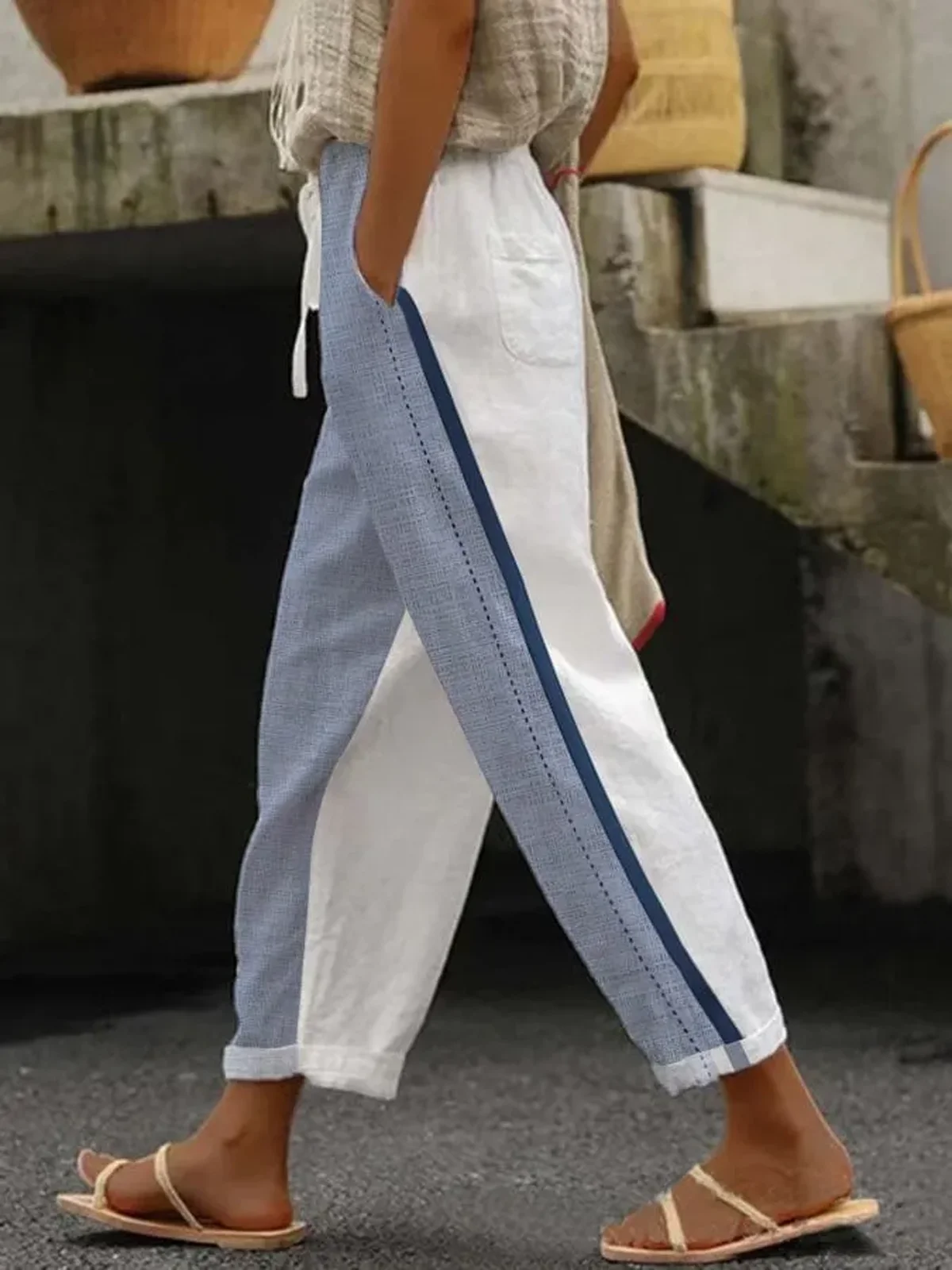 Women's Trousers Straight Pants Daily Going Out Casual Linen Color Block Spring/Fall Pants