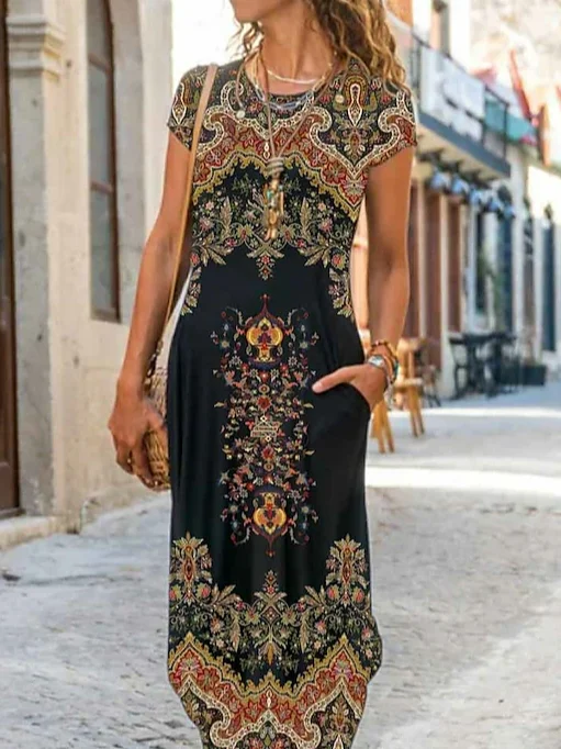 Women's Short Sleeve Summer Ethnic Boho Pocket Stitching Crew Neck Daily Going Out Casual Maxi H-Line T-Shirt Dress Dress Black