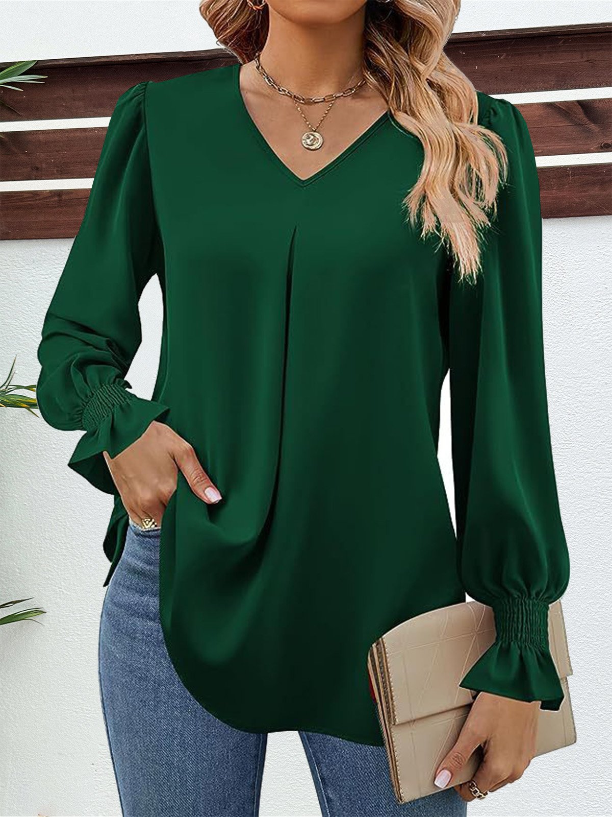 Women's Long Sleeve Blouse Spring/Fall Plain V Neck Bell Sleeve Daily Going Out Casual Top