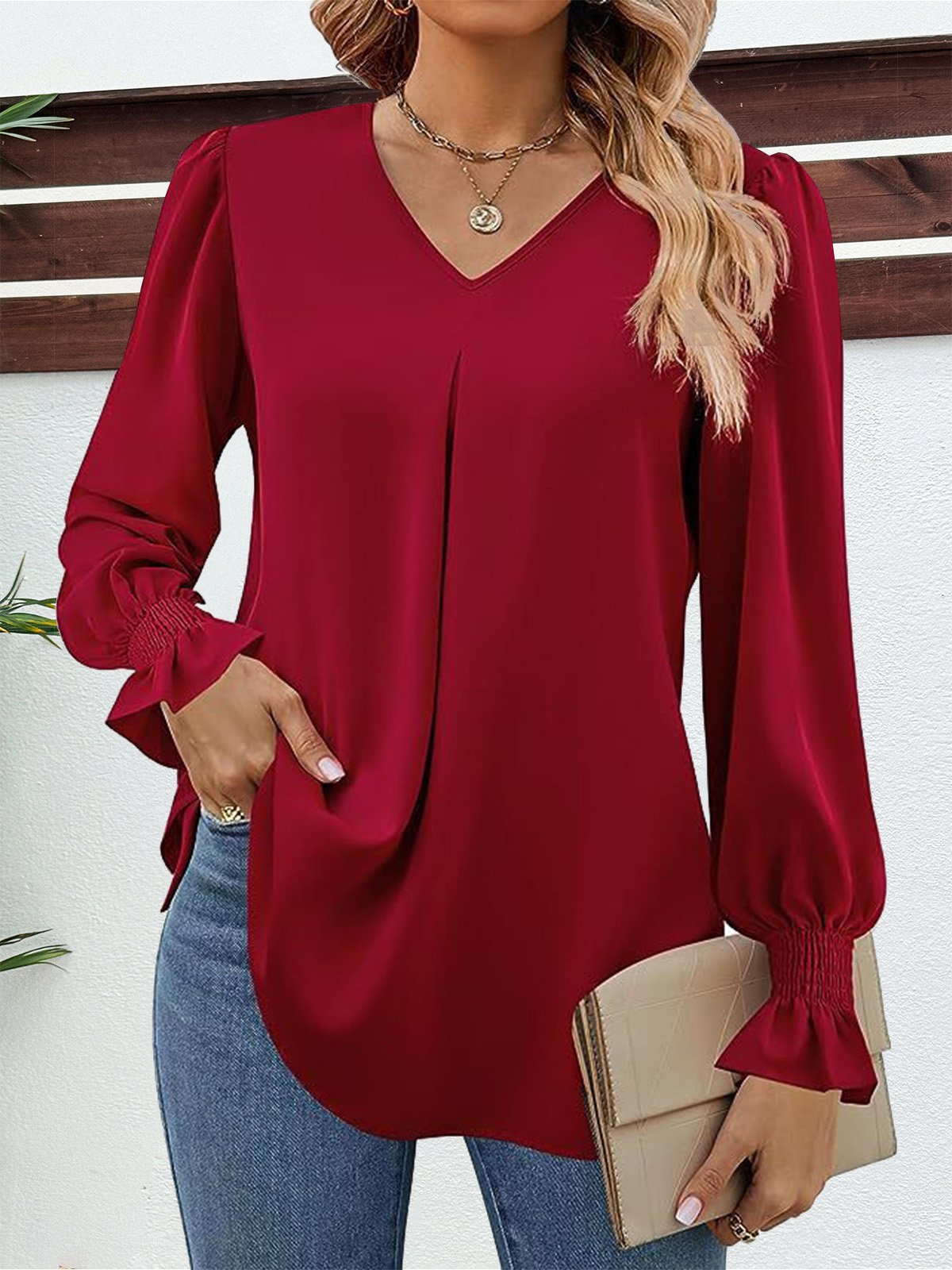 Women's Long Sleeve Blouse Spring/Fall Plain V Neck Bell Sleeve Daily Going Out Casual Top