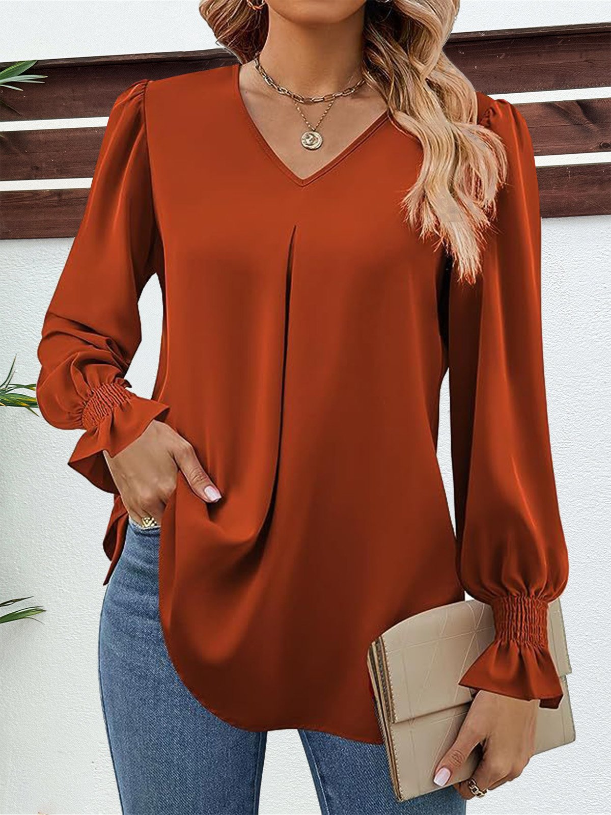 Women's Long Sleeve Blouse Spring/Fall Plain V Neck Bell Sleeve Daily Going Out Casual Top