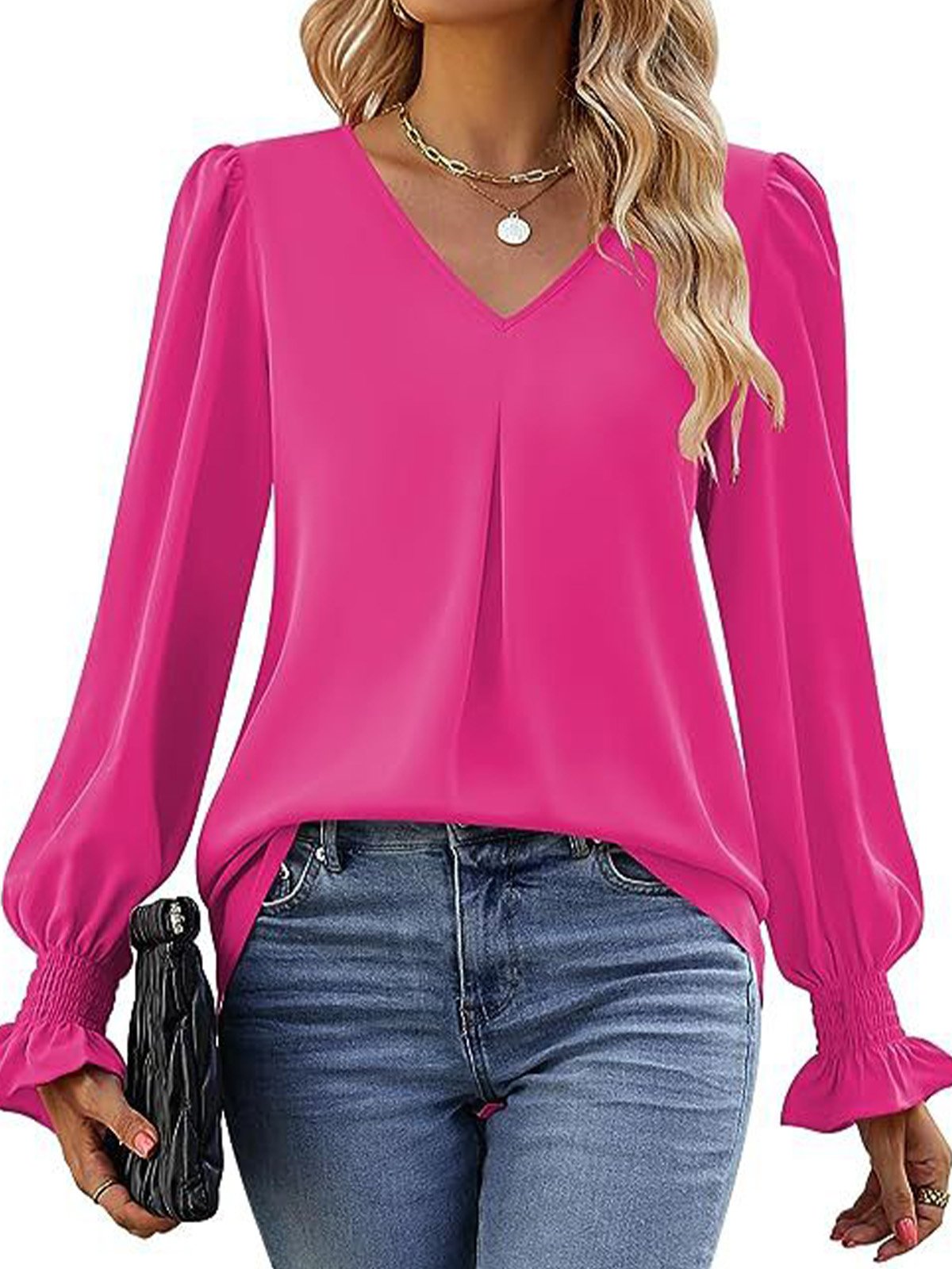 Women's Long Sleeve Blouse Spring/Fall Plain V Neck Bell Sleeve Daily Going Out Casual Top