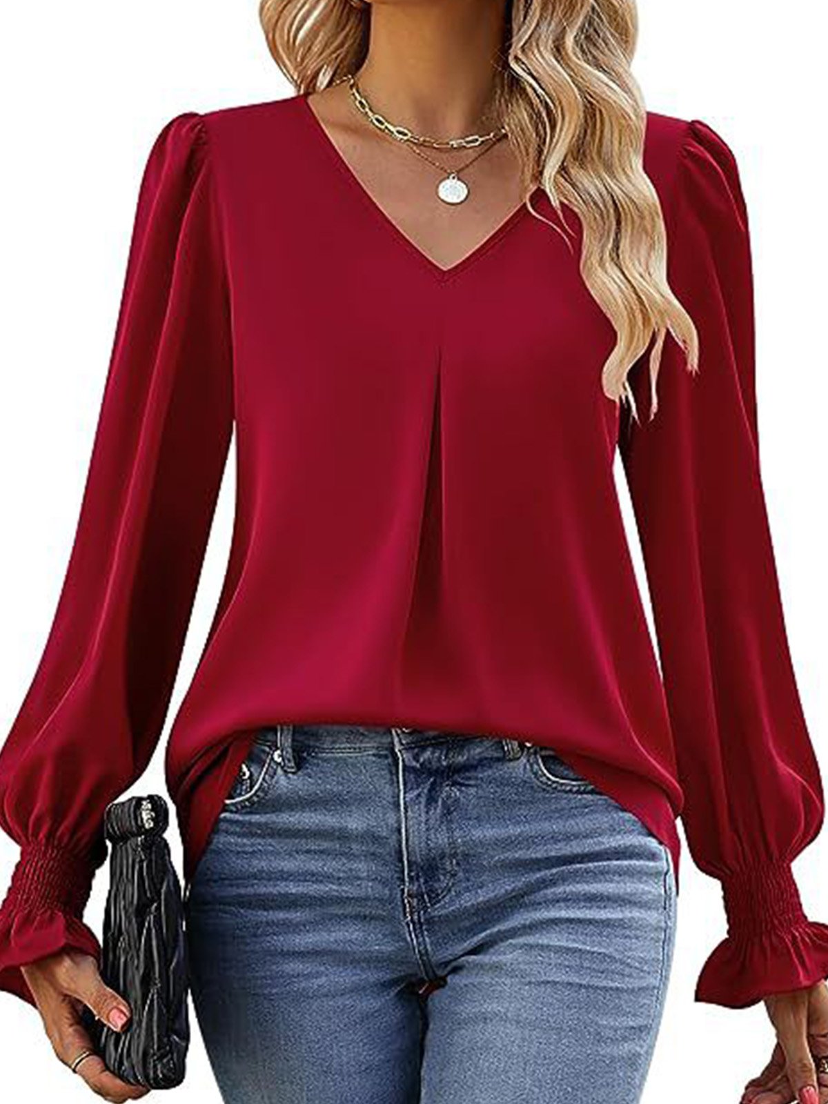 Women's Long Sleeve Blouse Spring/Fall Plain V Neck Bell Sleeve Daily Going Out Casual Top