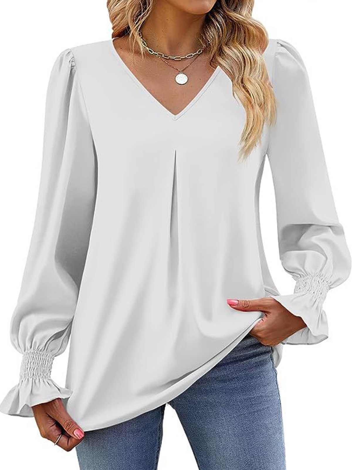 Women's Long Sleeve Blouse Spring/Fall Plain V Neck Bell Sleeve Daily Going Out Casual Top