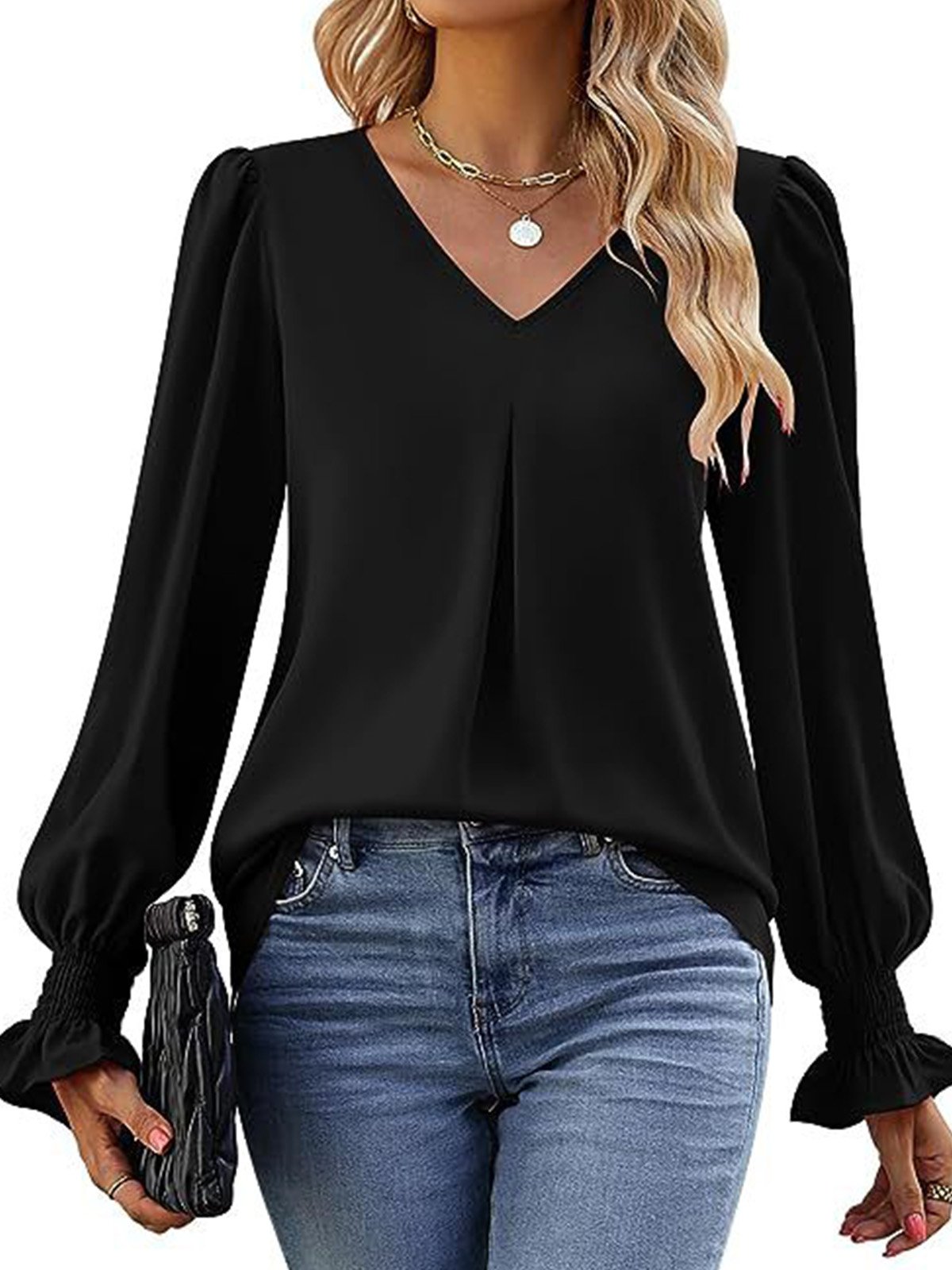 Women's Long Sleeve Blouse Spring/Fall Plain V Neck Bell Sleeve Daily Going Out Casual Top