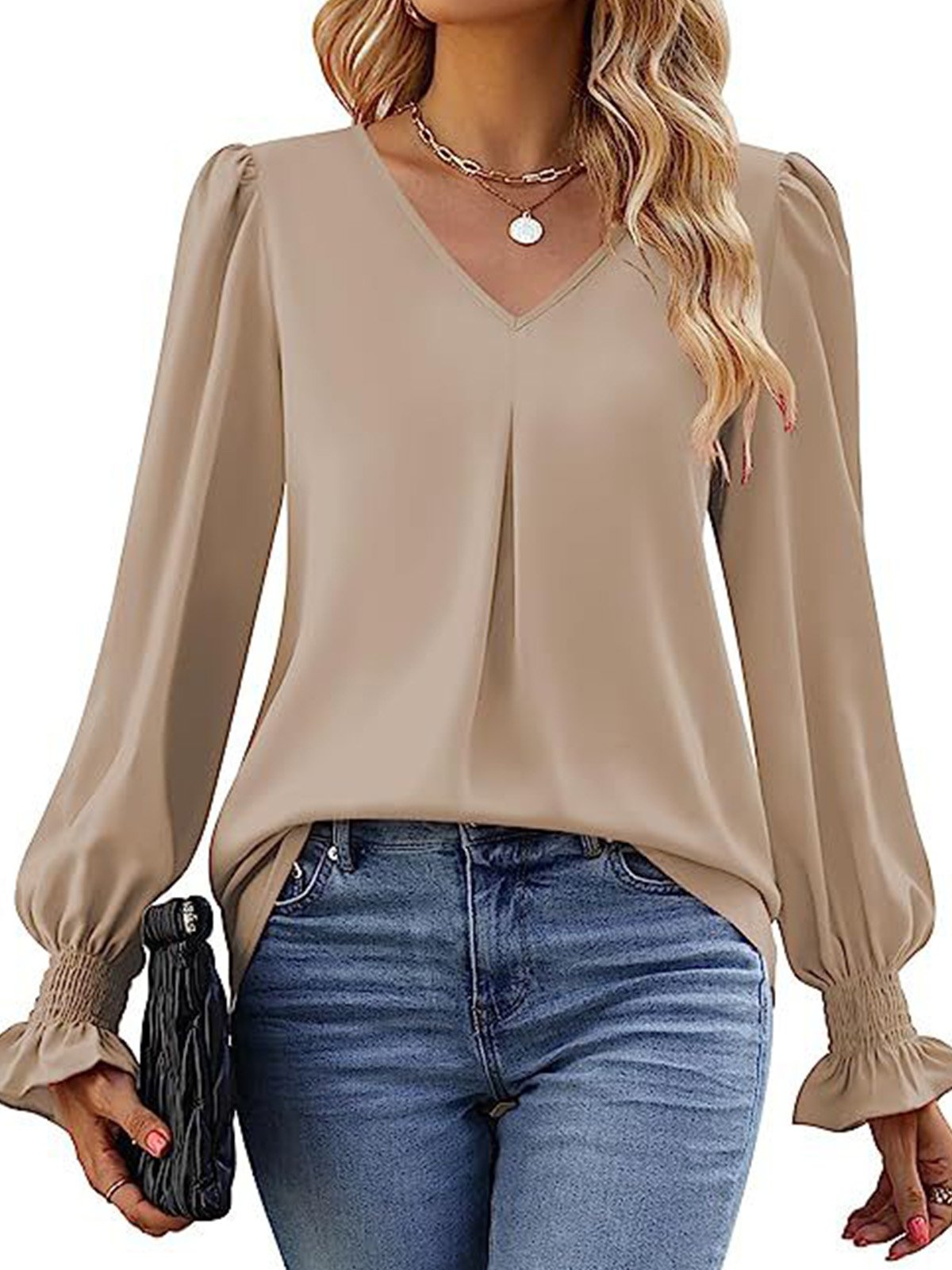 Women's Long Sleeve Blouse Spring/Fall Plain V Neck Bell Sleeve Daily Going Out Casual Top