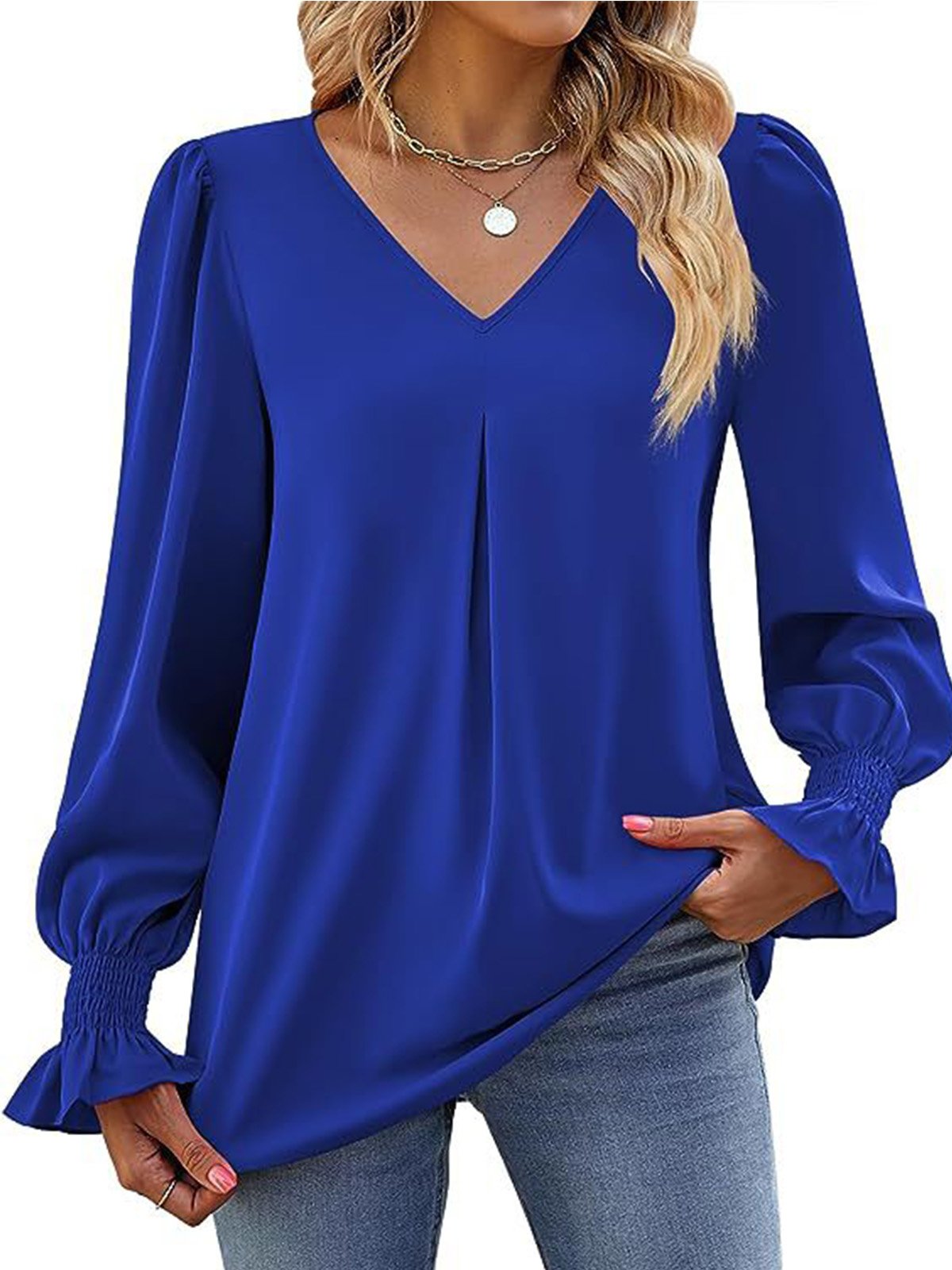 Women's Long Sleeve Blouse Spring/Fall Plain V Neck Bell Sleeve Daily Going Out Casual Top