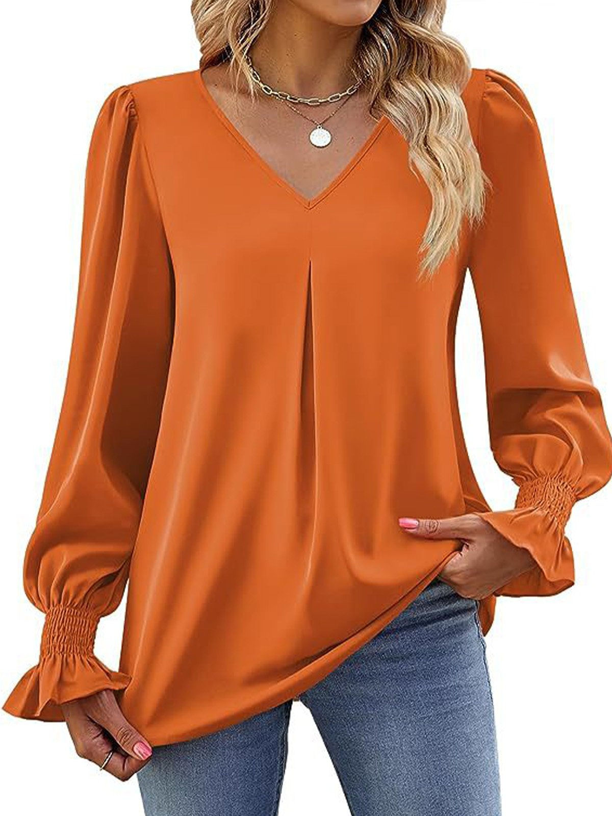 Women's Long Sleeve Blouse Spring/Fall Plain V Neck Bell Sleeve Daily Going Out Casual Top