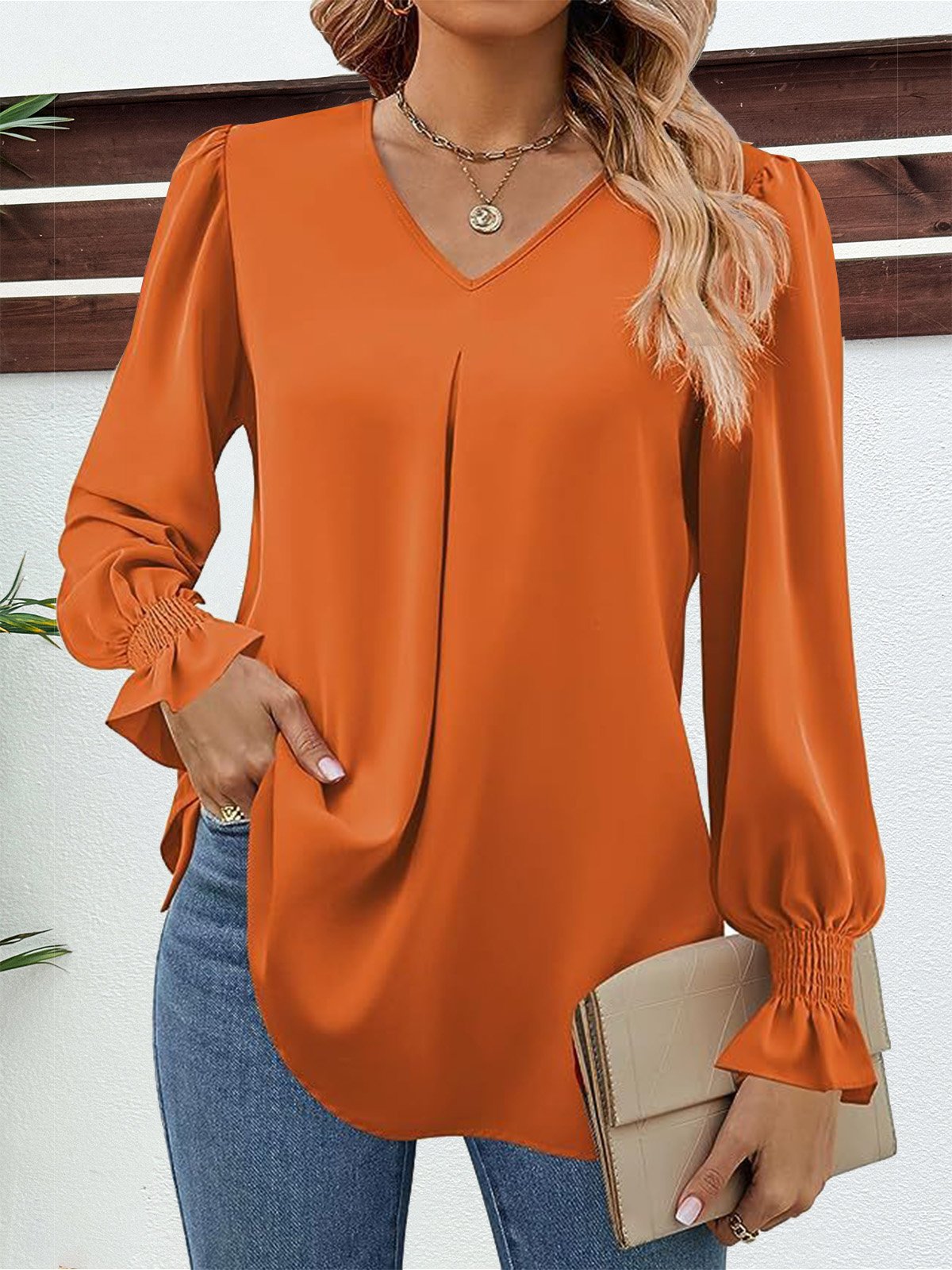 Women's Long Sleeve Blouse Spring/Fall Plain V Neck Bell Sleeve Daily Going Out Casual Top