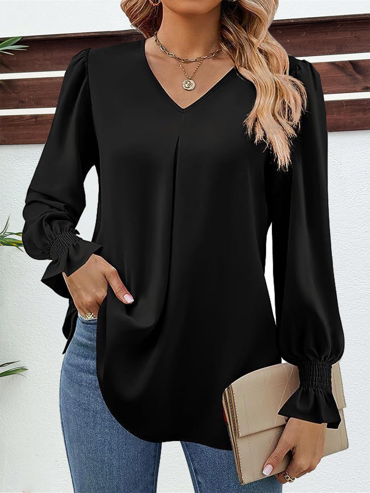 Women's Long Sleeve Blouse Spring/Fall Plain V Neck Bell Sleeve Daily Going Out Casual Top