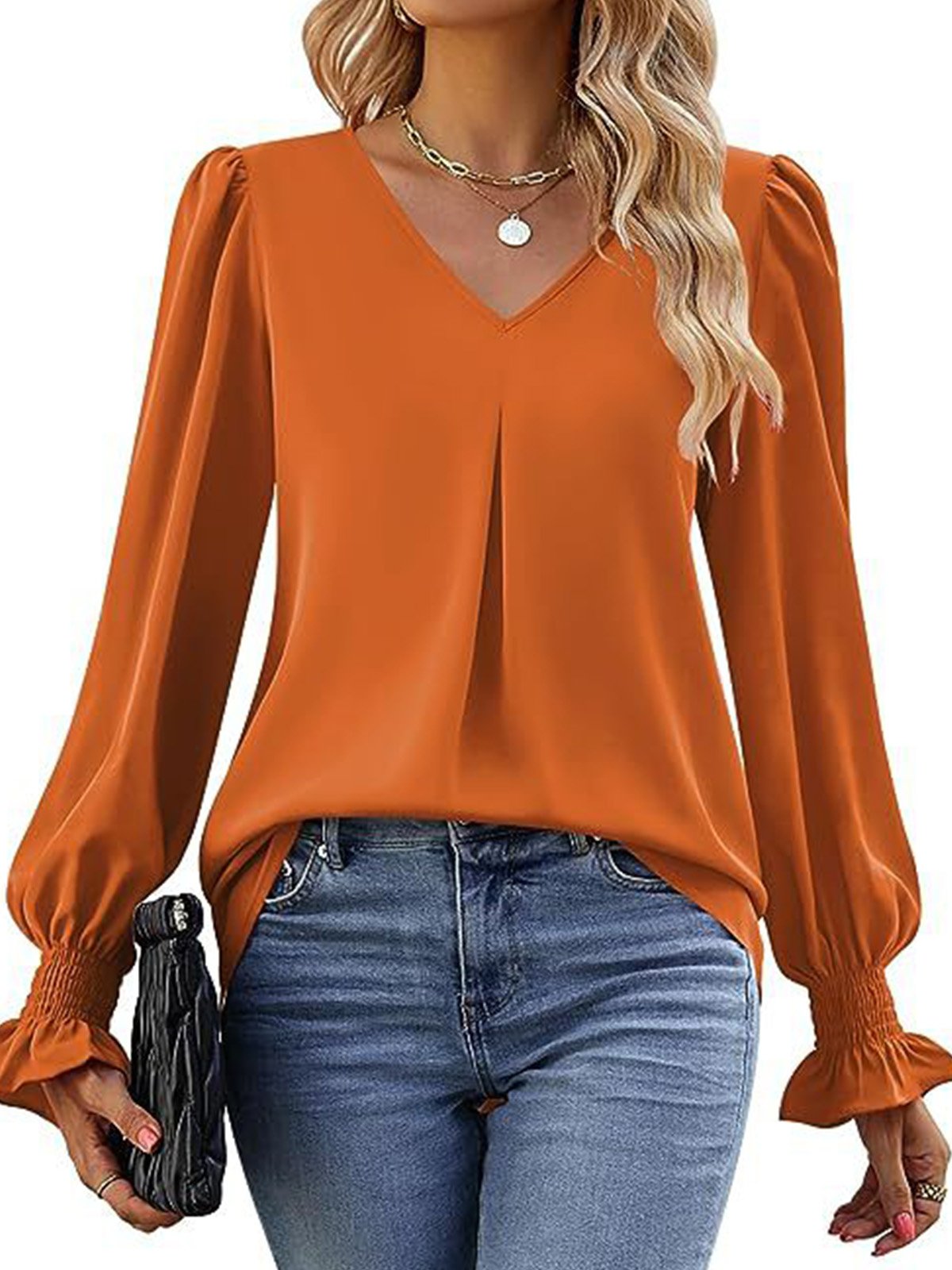 Women's Long Sleeve Blouse Spring/Fall Plain V Neck Bell Sleeve Daily Going Out Casual Top