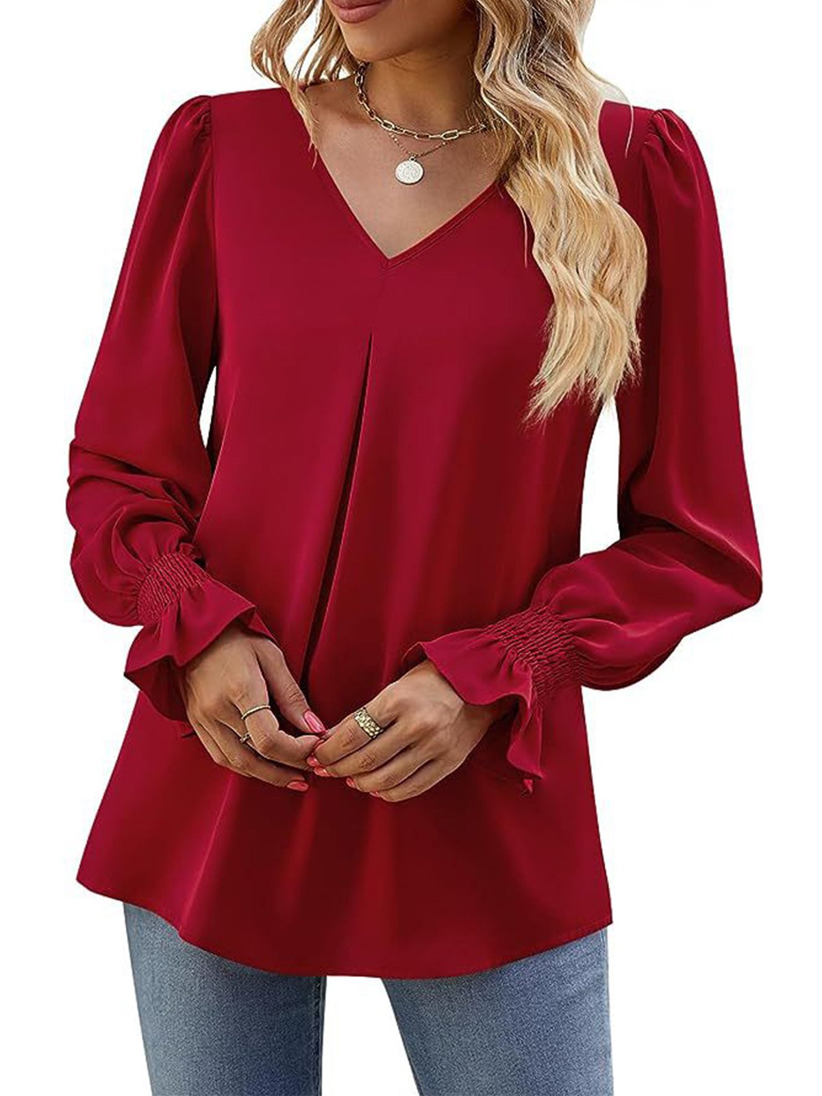 Women's Long Sleeve Blouse Spring/Fall Plain V Neck Bell Sleeve Daily Going Out Casual Top