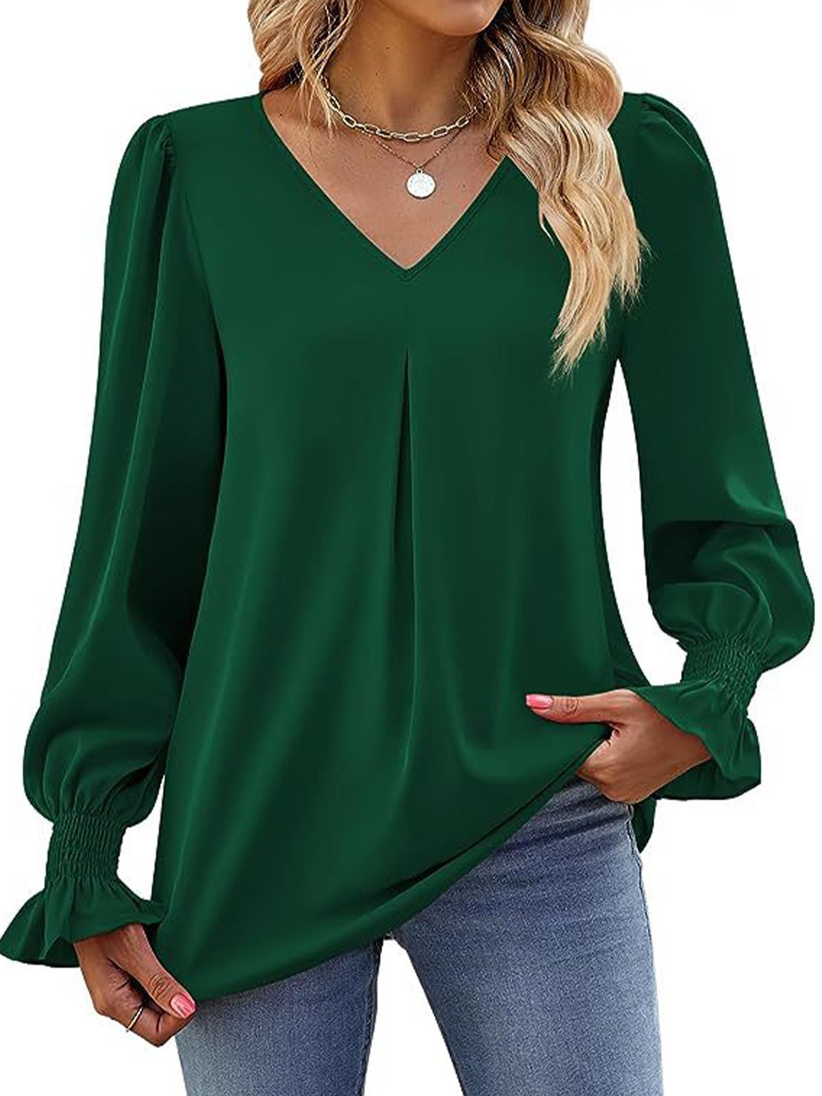 Women's Long Sleeve Blouse Spring/Fall Plain V Neck Bell Sleeve Daily Going Out Casual Top