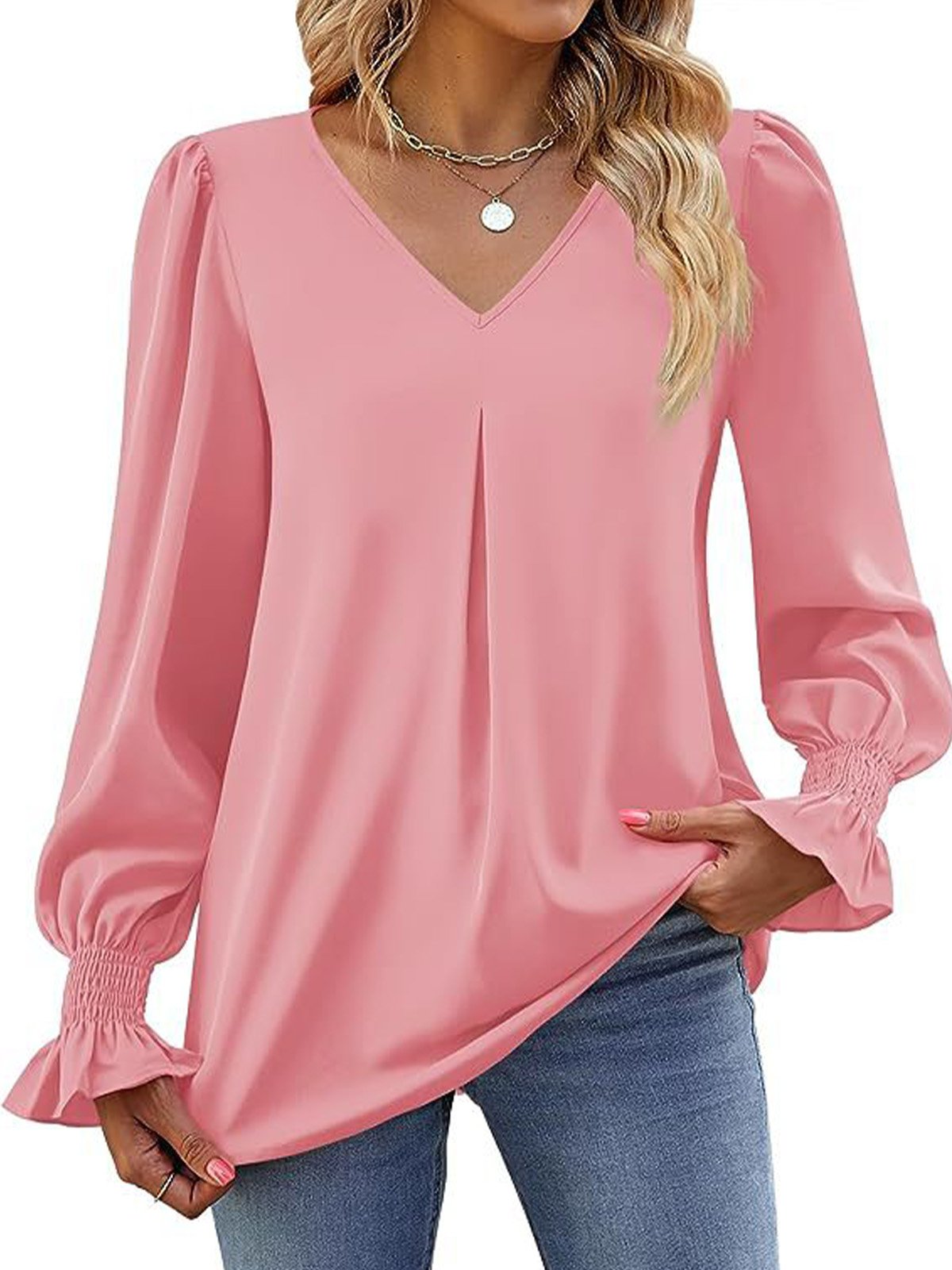 Women's Long Sleeve Blouse Spring/Fall Plain V Neck Bell Sleeve Daily Going Out Casual Top