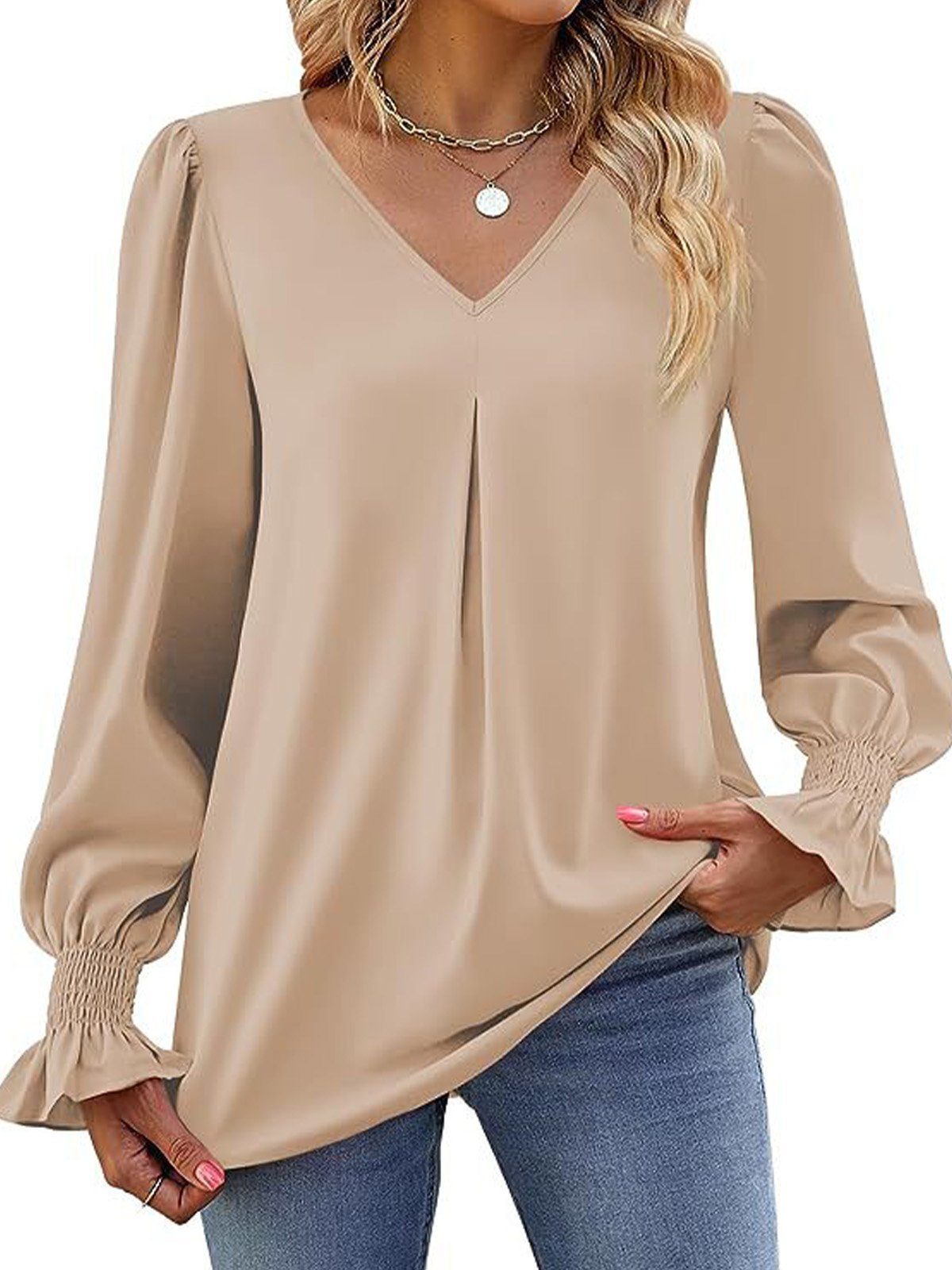 Women's Long Sleeve Blouse Spring/Fall Plain V Neck Bell Sleeve Daily Going Out Casual Top