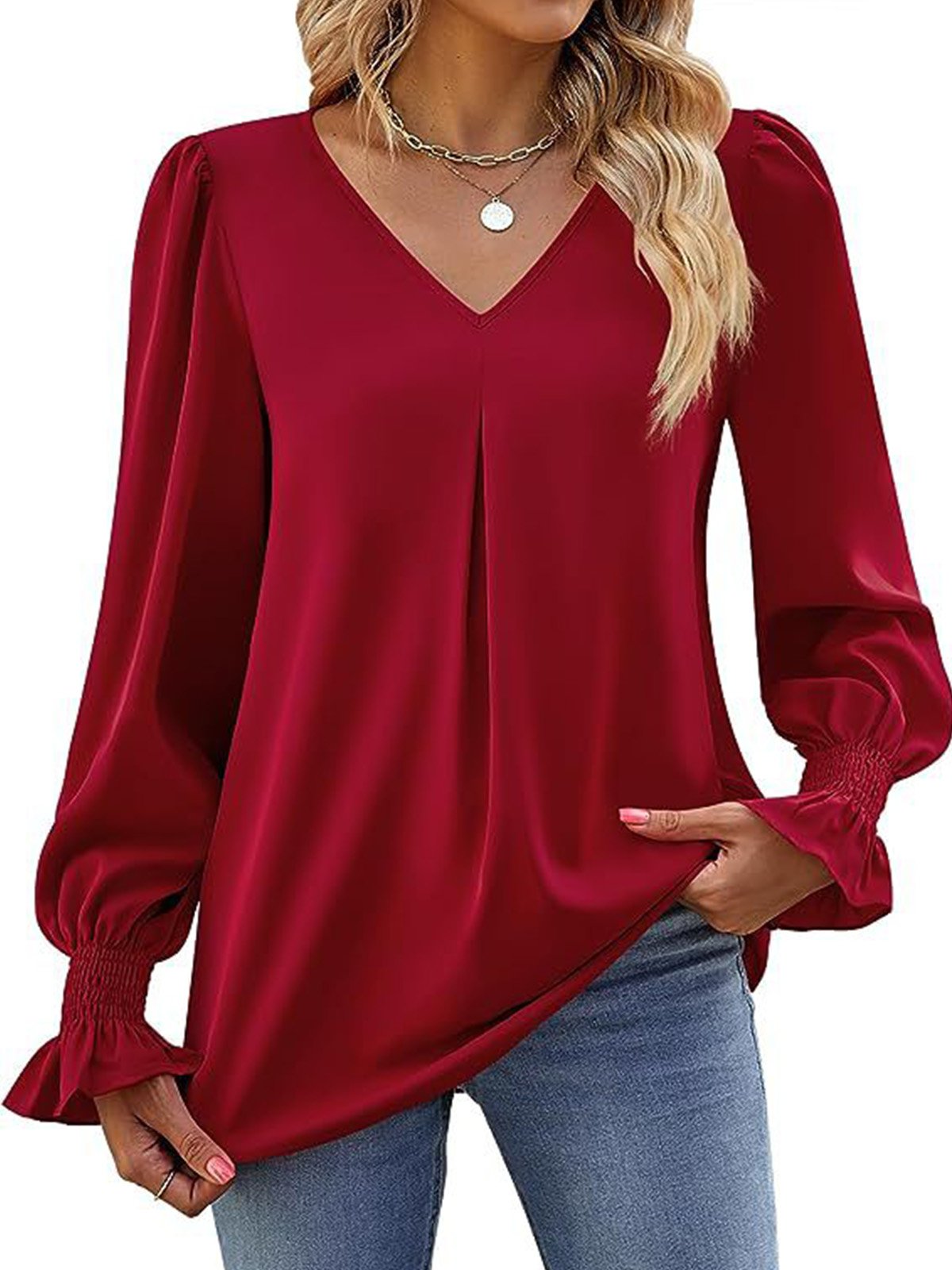 Women's Long Sleeve Blouse Spring/Fall Plain V Neck Bell Sleeve Daily Going Out Casual Top