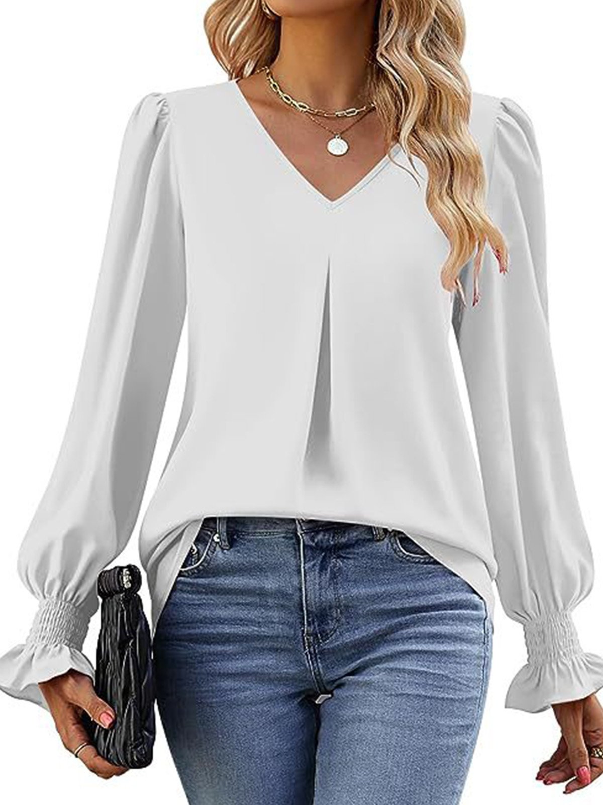 Women's Long Sleeve Blouse Spring/Fall Plain V Neck Bell Sleeve Daily Going Out Casual Top