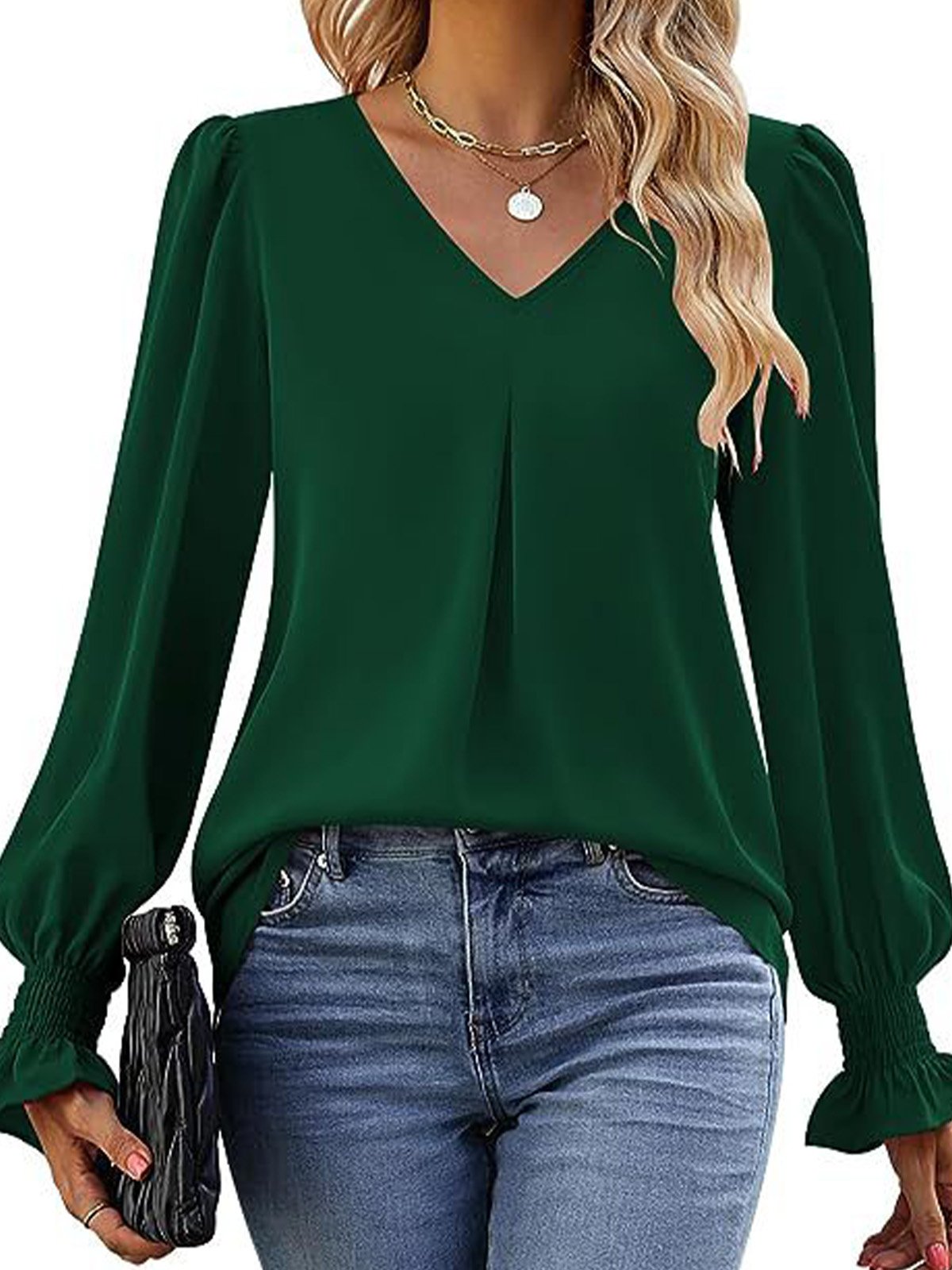 Women's Long Sleeve Blouse Spring/Fall Plain V Neck Bell Sleeve Daily Going Out Casual Top