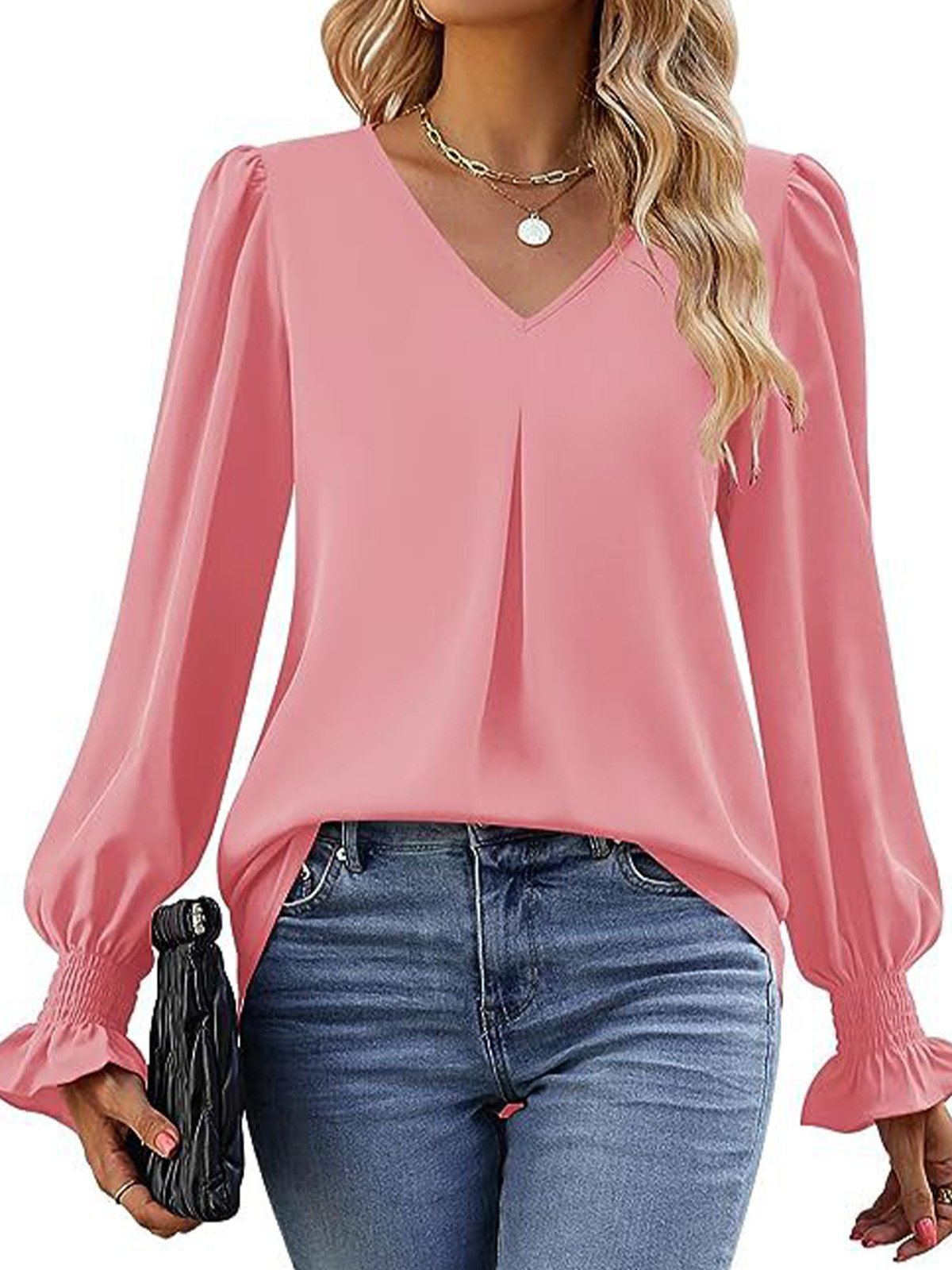 Women's Long Sleeve Blouse Spring/Fall Plain V Neck Bell Sleeve Daily Going Out Casual Top