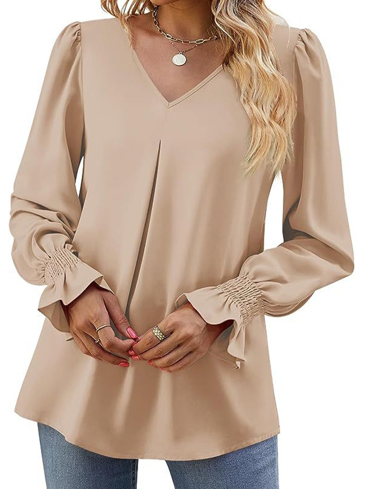 Women's Long Sleeve Blouse Spring/Fall Plain V Neck Bell Sleeve Daily Going Out Casual Top