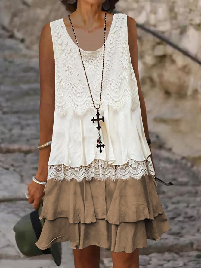 Women's Sleeveless Summer Plain Lace Dress Crew Neck Daily Going Out Casual Midi H-Line Tank Khaki