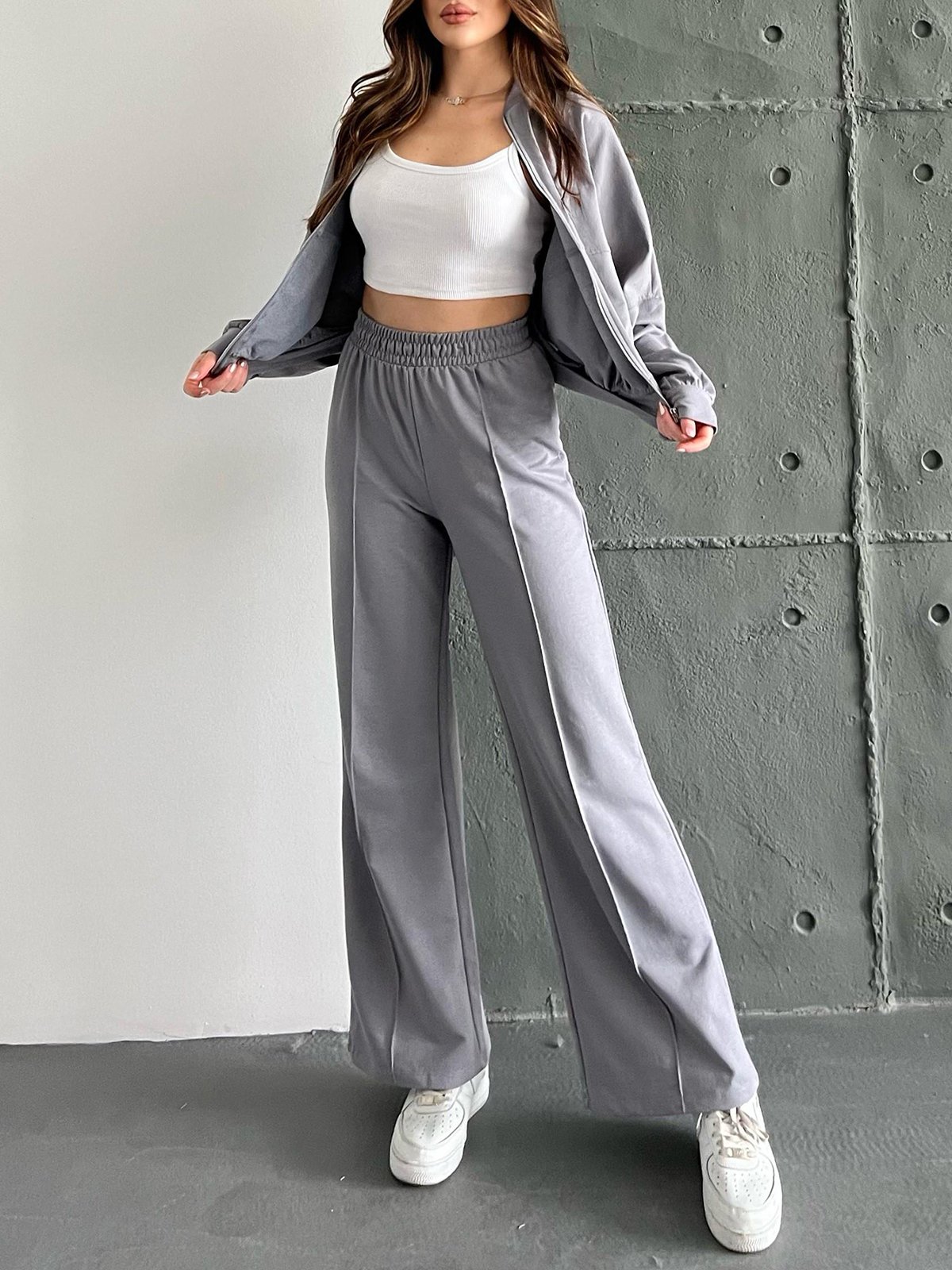 Women's Plain Daily Going Out Two Piece Set Long Sleeve Casual Spring/Fall Coat With Pants Matching Set