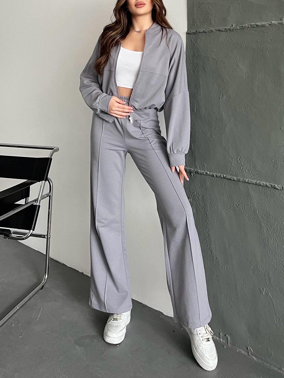 Women's Plain Daily Going Out Two Piece Set Long Sleeve Casual Spring/Fall Coat With Pants Matching Set