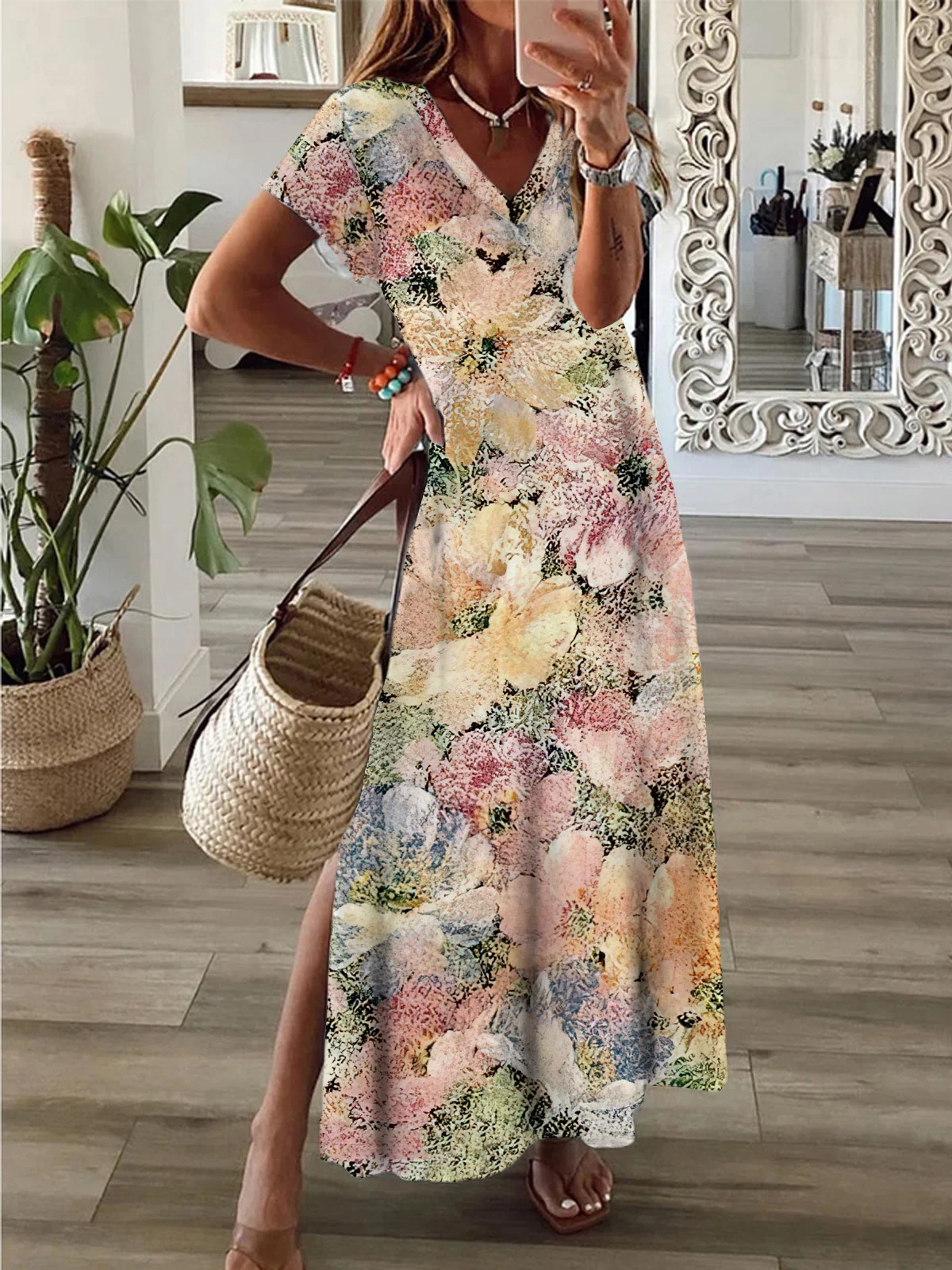 Women's Short Sleeve Summer Floral Dress V Neck Daily Going Out Casual Maxi H-Line