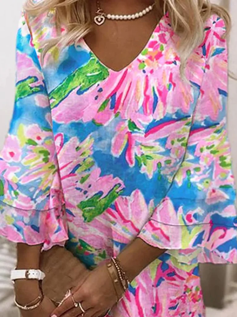 Women's Three Quarter Sleeve Spring/Fall Floral Dress V Neck Daily Going Out Casual Mini A-Line