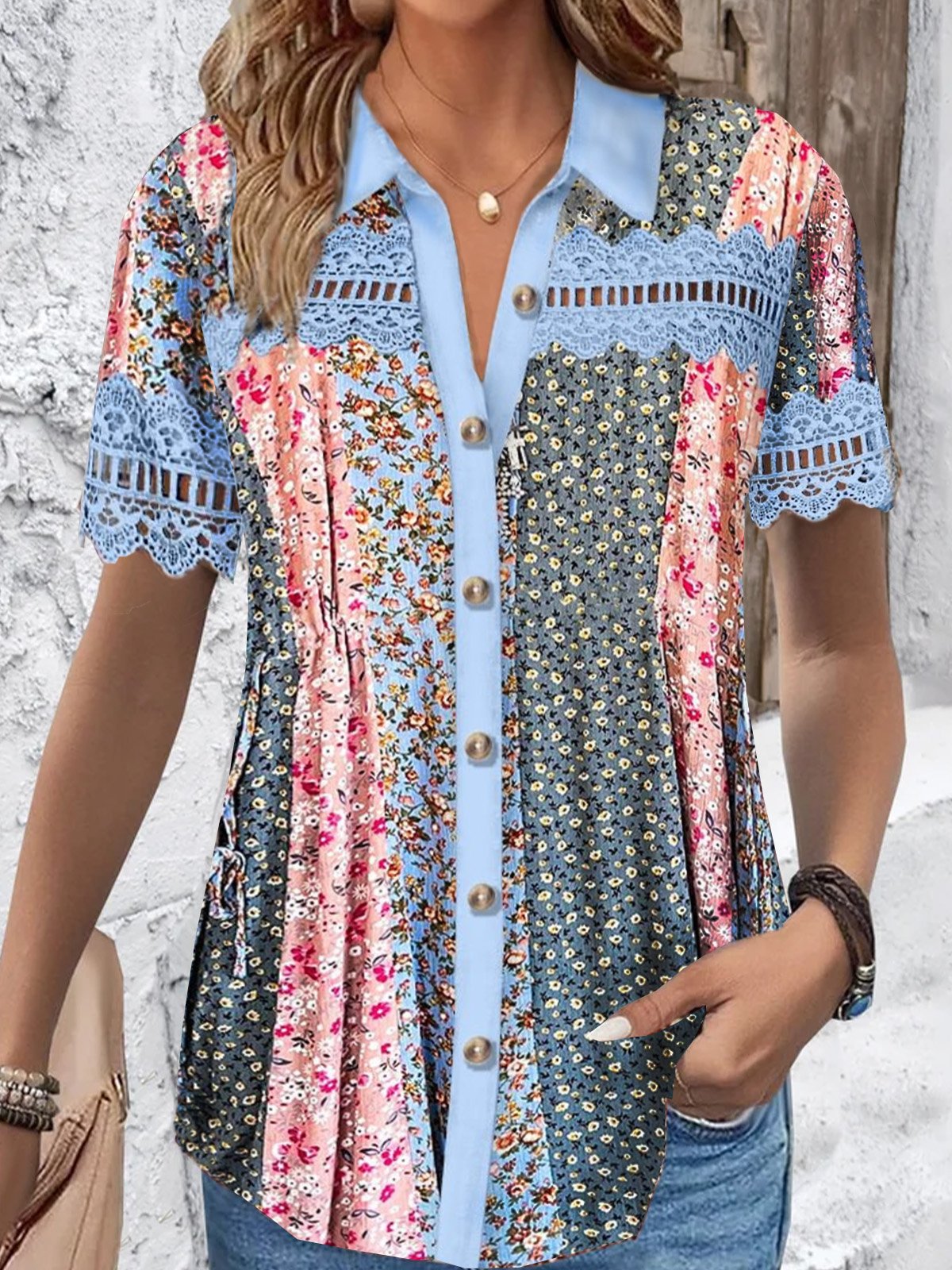 Women's Short Sleeve Shirt Summer Floral Lace Shirt Collar Daily Going Out Casual Top