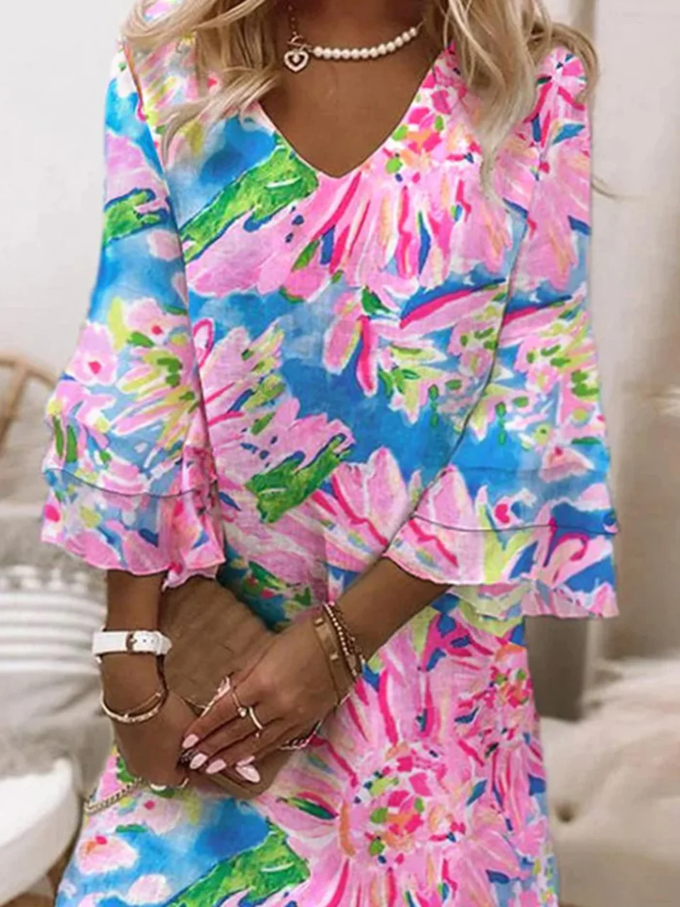 Women's Three Quarter Sleeve Spring/Fall Floral Dress V Neck Daily Going Out Casual Mini A-Line