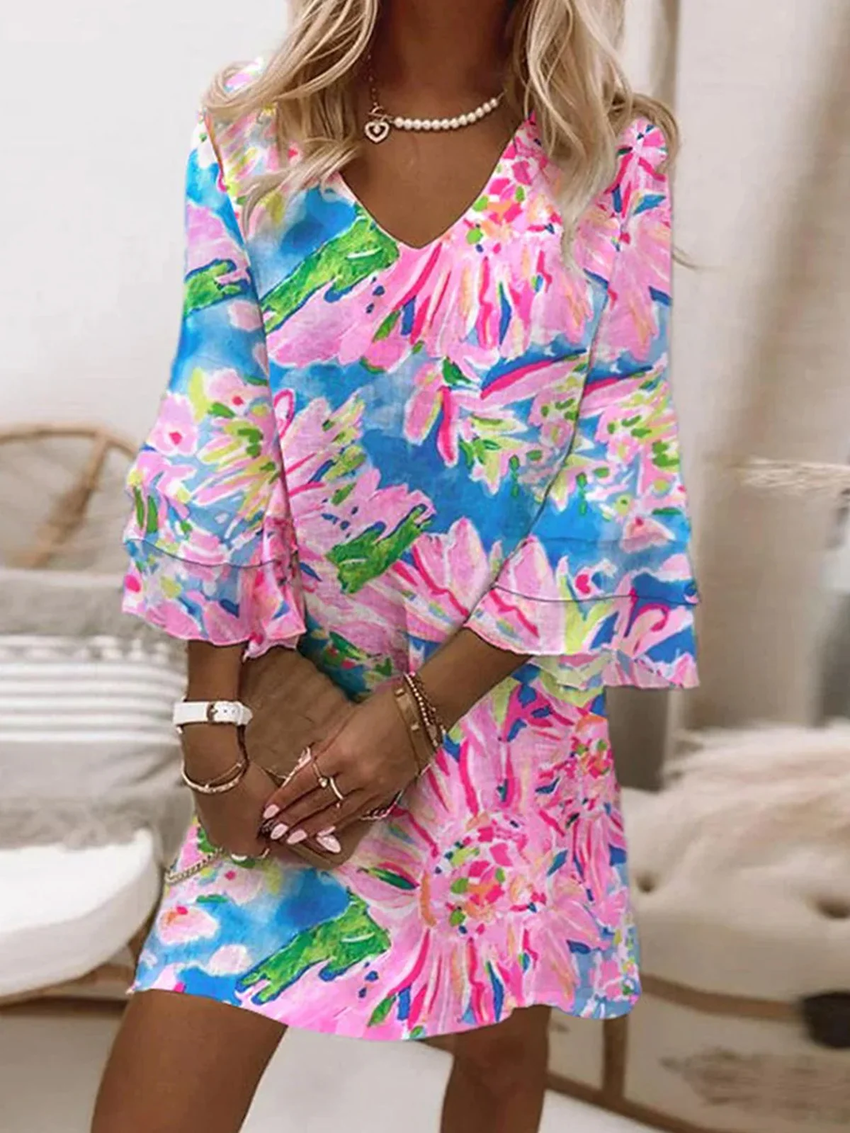 Women's Three Quarter Sleeve Spring/Fall Floral Dress V Neck Daily Going Out Casual Mini A-Line