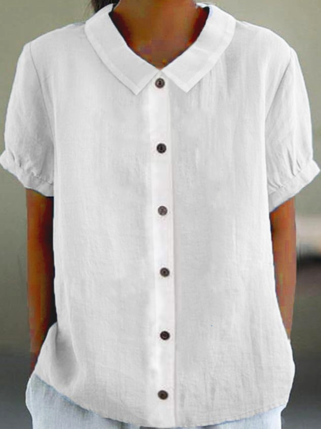 Women's Short Sleeve Shirt Summer Plain Cotton Shawl Collar Daily Going Out Linen Top White