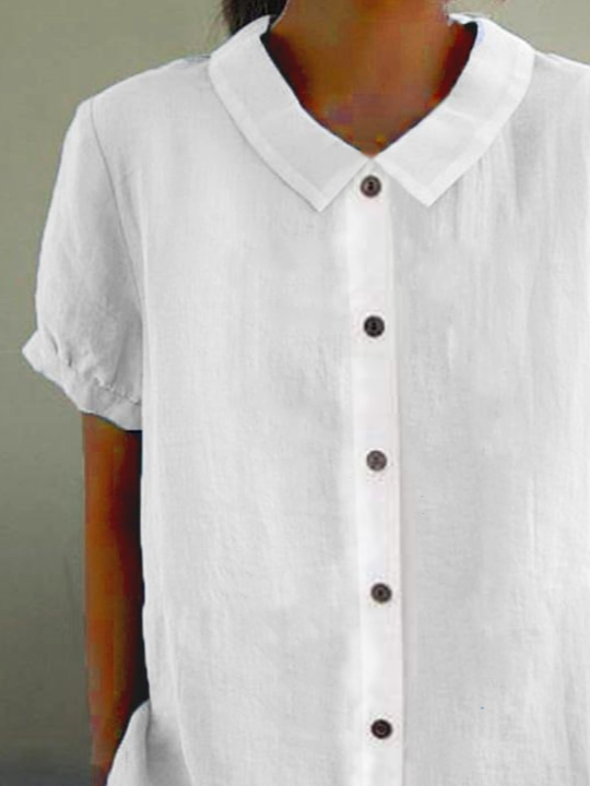 Women's Short Sleeve Shirt Summer Plain Cotton Shawl Collar Daily Going Out Linen Top White