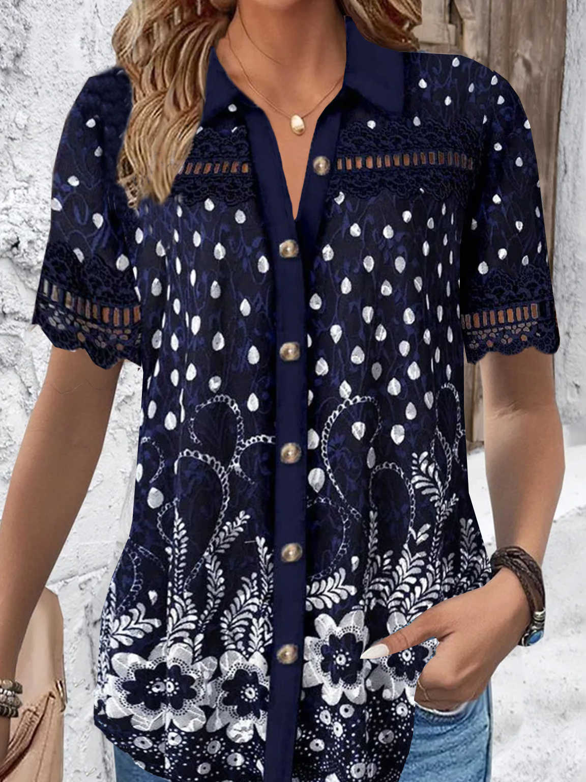 Women's Short Sleeve Shirt Summer Floral Lace Shirt Collar Daily Going Out Casual Top