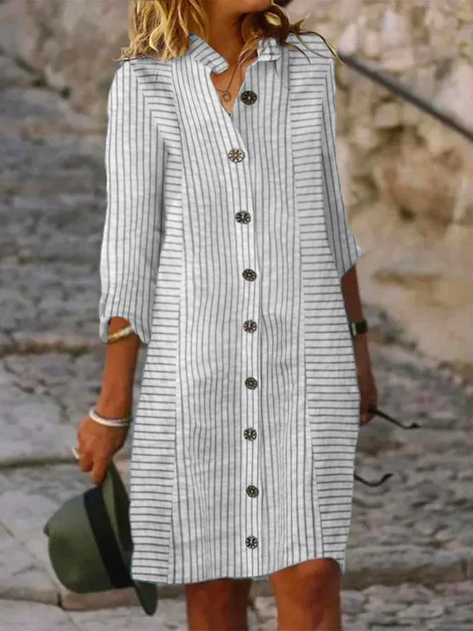 Women's Three Quarter Sleeve Spring/Fall Striped Dress Shirt Collar Daily Going Out Casual Mini X-Line