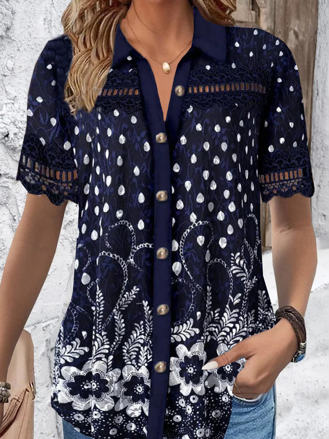 Women's Short Sleeve Shirt Summer Floral Lace Shirt Collar Daily Going Out Casual Top