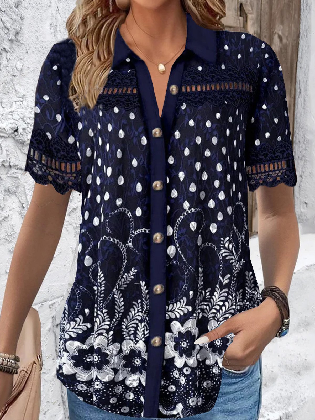 Women's Short Sleeve Shirt Summer Floral Lace Shirt Collar Daily Going Out Casual Top