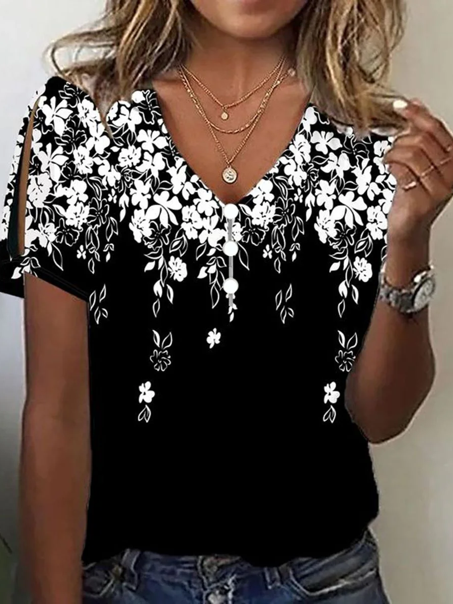 Women's Short Sleeve Tee T-shirt Summer Black And White Buckle V Neck Casual Top