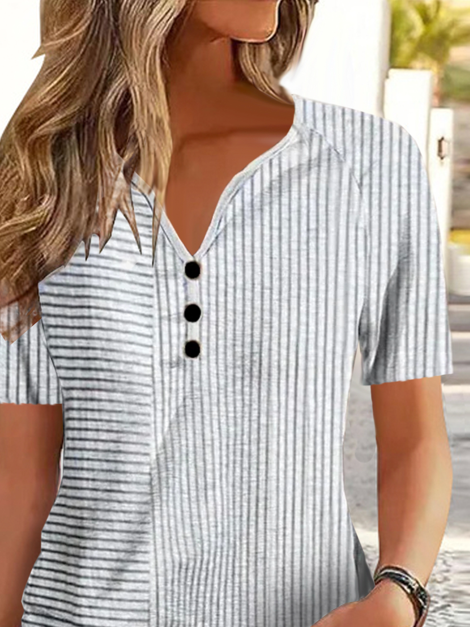 Women's Short Sleeve Blouse Summer Striped V Neck Daily Going Out Casual Top White