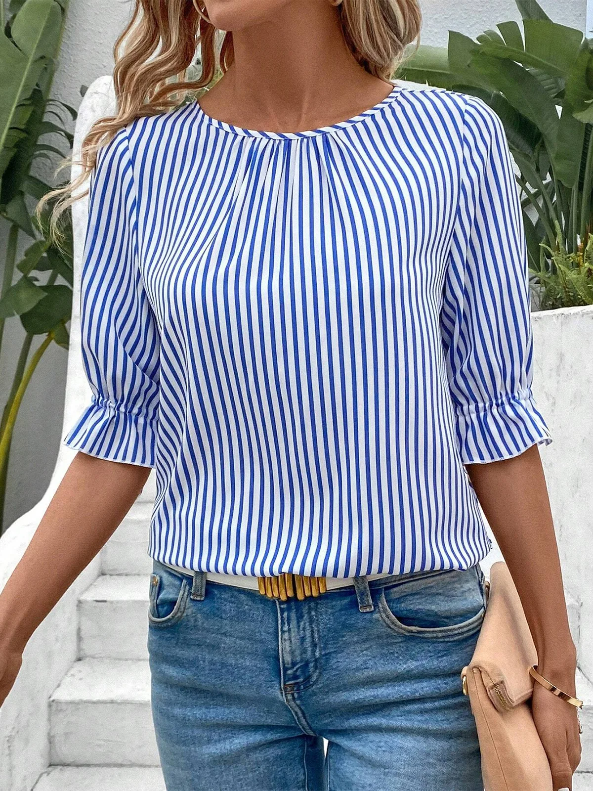Striped Crew Neck Simple Loose Shirt