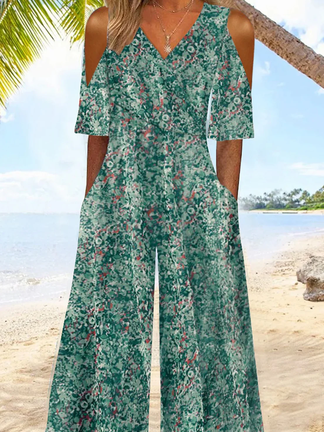 Women's Small Floral V Neck Short Sleeve Vacation Summer Jumpsuit